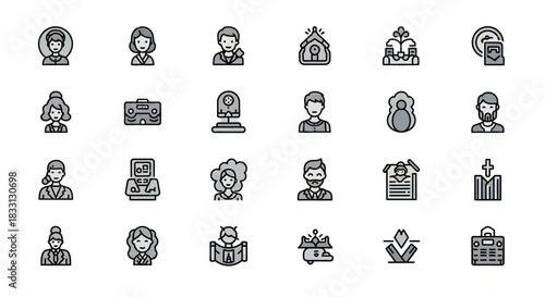 A collection of black and white line art icons featuring diverse human avatars, cultural symbols, and religious elements in a grid layout.