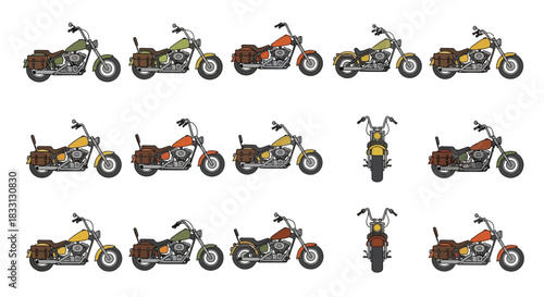 A collection of detailed illustrations showcasing various cruiser motorcycles from multiple angles and in different colors, including side, front, and rear views.