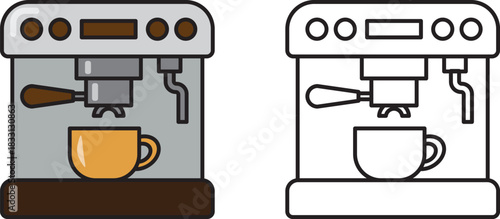 Vector illustration of espresso machine in colored and outline styles. Ideal for barista tools, coffee education, café branding, coloring pages, and espresso-themed design comparisons.