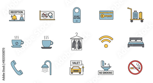 A comprehensive set of colorful flat line icons representing various services and amenities found in a modern hotel.
