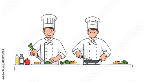 Two chefs preparing food with focused concentration and culinary skill.