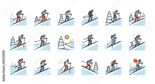 Set of ski touring and cross-country skiing icons showing a person with poles and backpack in a snowy mountain landscape with trees and sun.