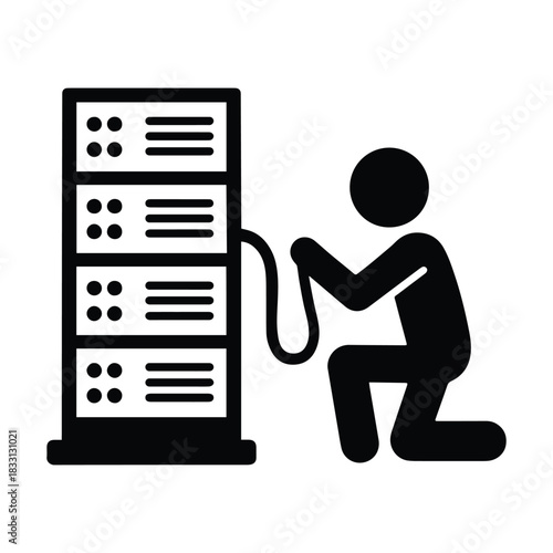 Minimalist vector icon of a stick figure IT specialist fixing or maintaining a server. Symbolizes technical support, server administration, IT infrastructure, and data center work. Isolated.
