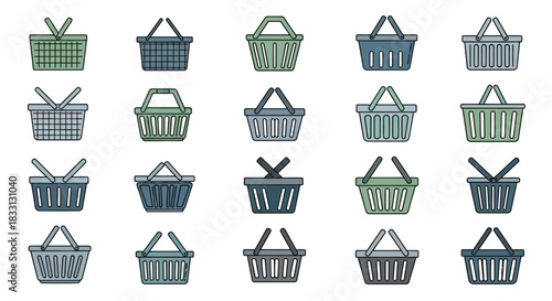 A collection of various shopping basket icons in different designs and colors.
