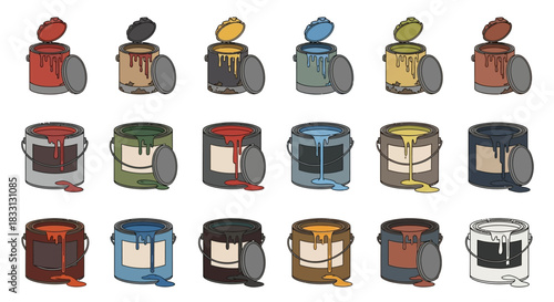 A collection of various open paint cans with different colored paints spilling out.