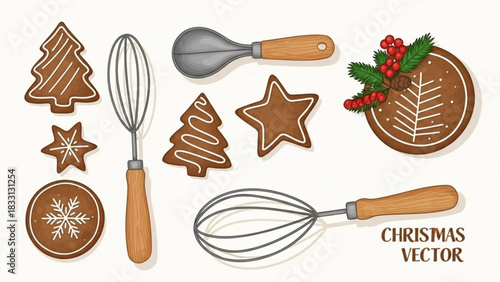 Christmas baking illustration featuring gingerbread cookies in festive shapes like trees stars and snowflakes alongside kitchen utensils such as whisks and an ice cream scoop for holiday preparation