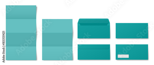 Teal green envelope mockup. Front and back side. Open and closed envelopes. Business correspondence. Address window. Folded letter. Bent paper sheet.
