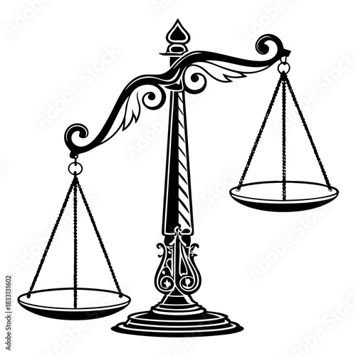Justice scales symbol, black silhouette on white background, representing law and balance