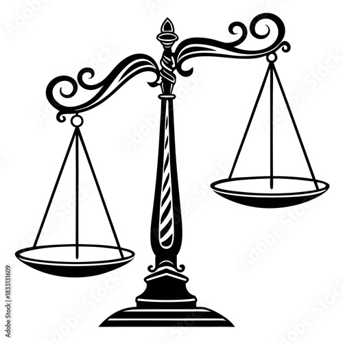 Justice scales symbol, black silhouette on white background, representing law and balance