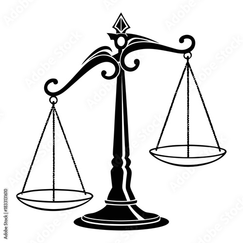 Justice scales symbol, black silhouette on white background, representing law and balance