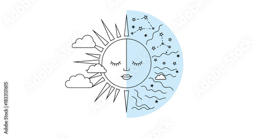 Stylized illustration of the sun and moon, representing day and night with celestial elements.