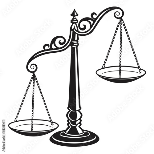 Justice scales symbol, black silhouette on white background, representing law and balance