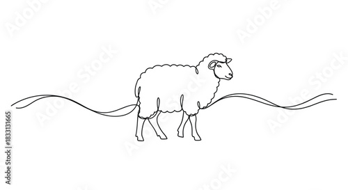 Simple black and white line drawing of a sheep standing on a wavy line.