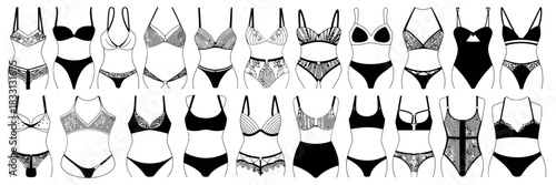 Set of hand drawn lace lingerie and underwear illustrations, ideal for fashion design, feminine artwork, boutique branding materials, vintage sketch projects, apparel promotions, and stylish creative 
