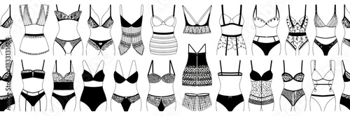 Set of hand drawn lace lingerie and underwear illustrations, ideal for fashion design, feminine artwork, boutique branding materials, vintage sketch projects, apparel promotions, and stylish creative 
