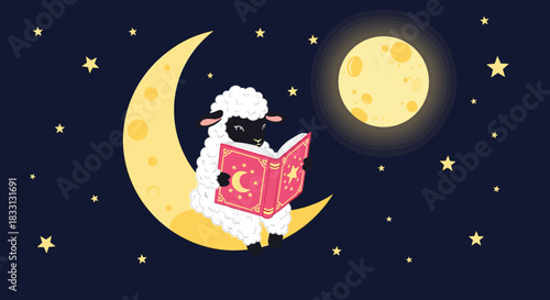 A black sheep sits on a crescent moon reading a magical book under the full moon and stars.