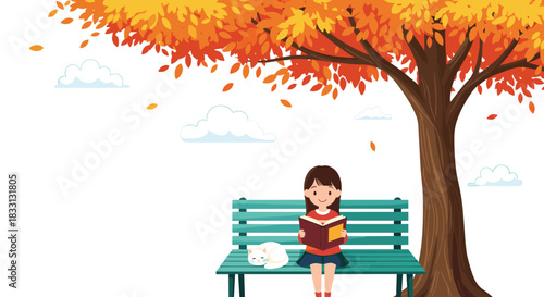 A young girl reads a book on a bench under a colorful autumn tree with her cat nearby.