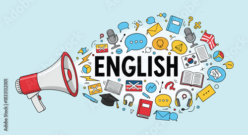Megaphone blasting the word English surrounded by educational and communication icons.