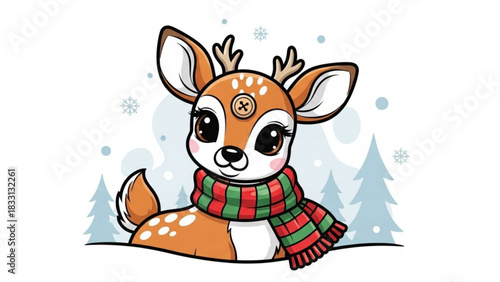 Adorable cartoon fawn wearing a festive red and green striped scarf and a button on its forehead peeks out from behind snowy trees with snowflakes falling around it