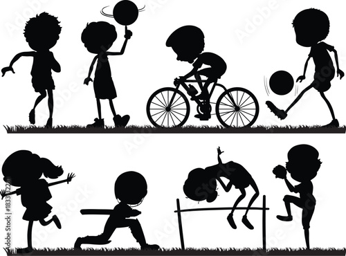 Silhouette illustration set of children playing sports and games, representing childhood, activity, and fun.