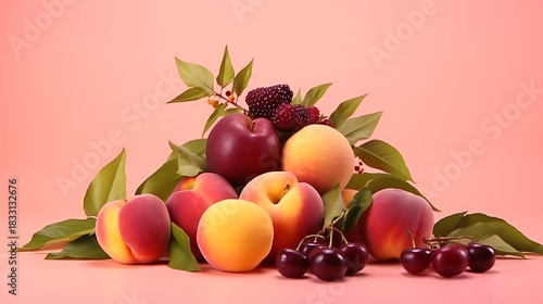 Fresh summer fruit assortment with vibrant peaches, cherries, and blackberries perfect for healthy eating and seasonal promotions