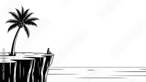 Solitary Figure on Cliff Edge with Palm Tree Overlooking Ocean.