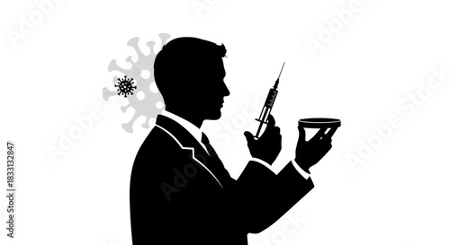 Silhouette of a Man with Vaccine and Virus Illustration.