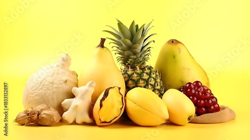 Vibrant tropical fruits and vegetables bursting with sunshine colors for healthy eating campaigns and delicious recipes, a fresh and bright display