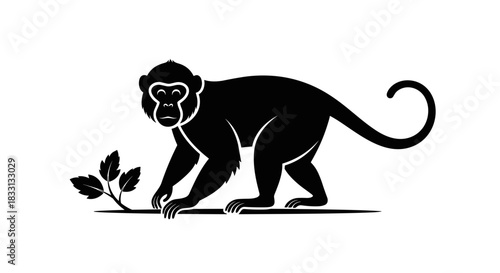 Silhouette of a Monkey with Branch Wildlife Illustration.