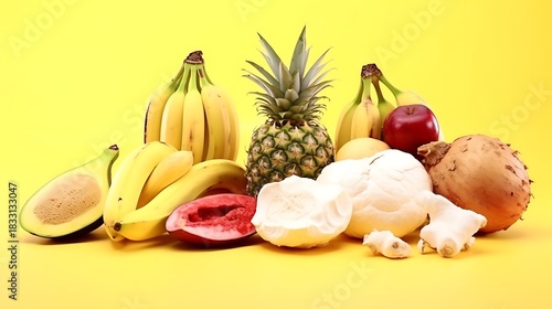 Vibrant display of fresh tropical fruits including pineapple, bananas, apple, mango, papaya and more on a sunny yellow background for healthy lifestyle