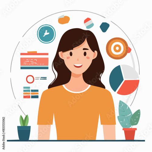 Businesswoman analyzing data with charts and graphs.