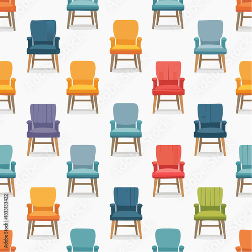 Colorful Armchairs Seamless Pattern on White Background.