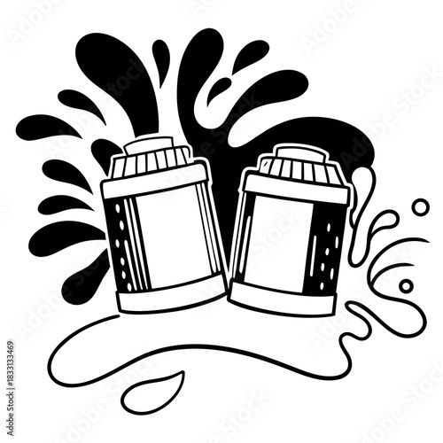 Two spray paint cans splashing black paint