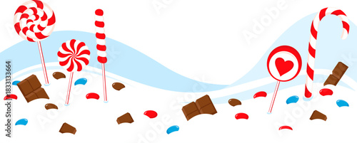 Christmas border from snow, candy canes chocolate and other sweets