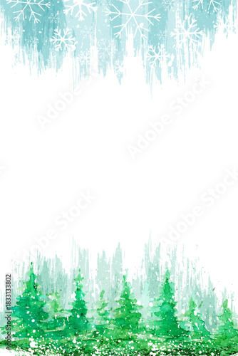Winter forest. Vector illustration with fir trees and snowflake borders.