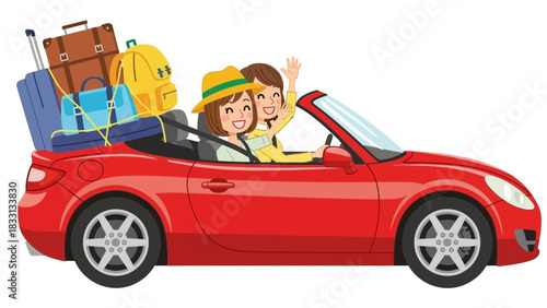 Joyful Adventure Two Friends on a Road Trip with Convertible Car & Luggage