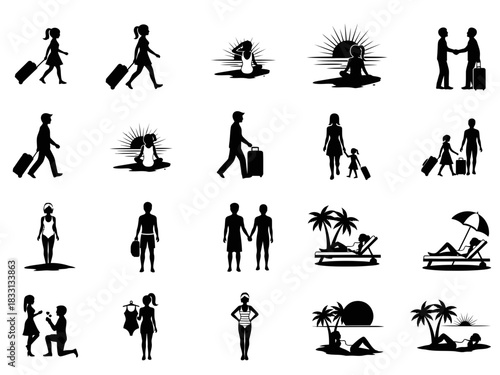 Vacation and Travel Icons - People Enjoying Leisure Activities, Beach Holidays, and Romantic Getaways
