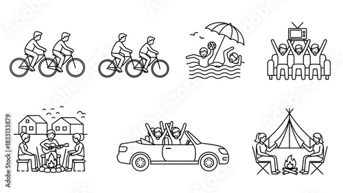Set of six line art illustrations depicting various outdoor recreational activities and social gatherings