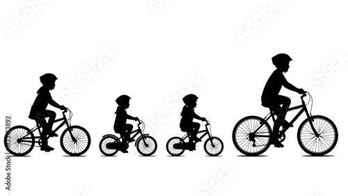 Progression of a child learning to ride a bicycle, depicted in a silhouette showing different ages and bike sizes