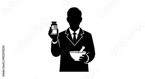 Silhouette of Pharmacist Preparing Medication with Mortar and Pills.
