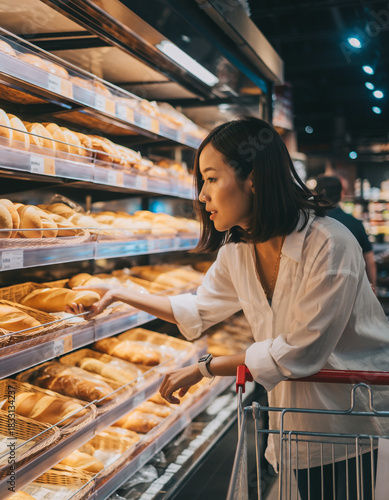 Young Woman Choosing Fresh Bread in Supermarket Bakery