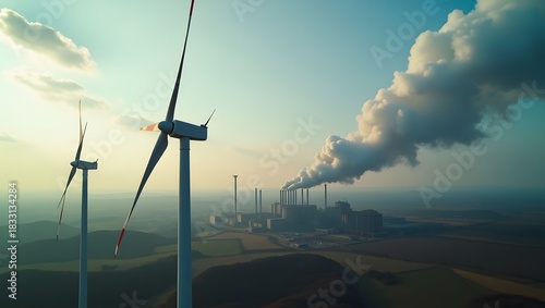 Wind Turbine and Power Plant Landscape. Renewable Energy versus Fossil Fuels