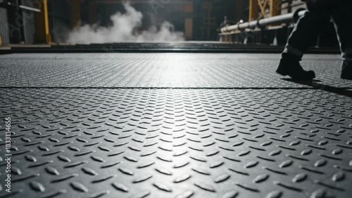 Worker Walks Through Industrial Factory Floor with Steam and Yellow Overhead Lighting Dramatic Shadows on Diamond Plate Metal Surface