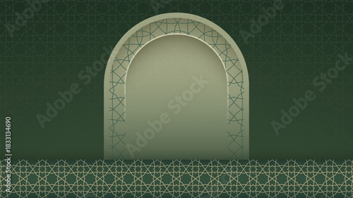 Islamic background with mosque arch in green ornamental background. luxury islamic background