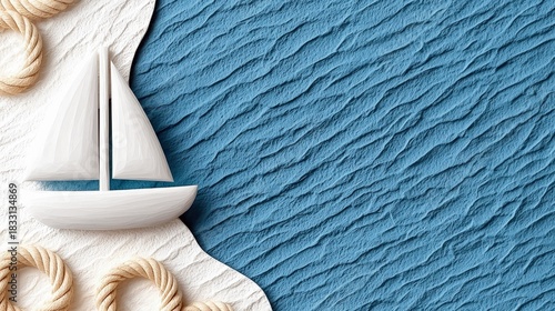 Fototapeta Naklejka Na Ścianę i Meble -  A white sailboat sits on a textured surface of sand and sea, with rope elements framing the scene.