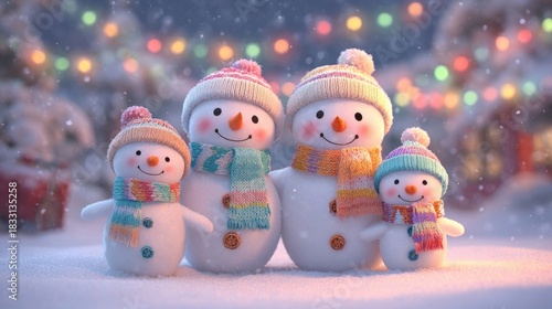 Wallpaper Mural Happy snowman family standing together in snowy winter village, wearing colorful knitted hats and scarves, festive holiday season, warm joyful Christmas atmosphere Torontodigital.ca