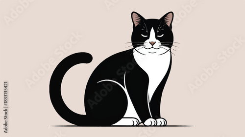 A minimalist illustration of a black and white tuxedo cat in a sitting position against a light beige background.  
