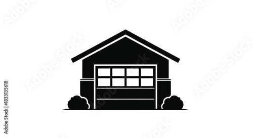 Simple black and white illustration of a house with a garage door