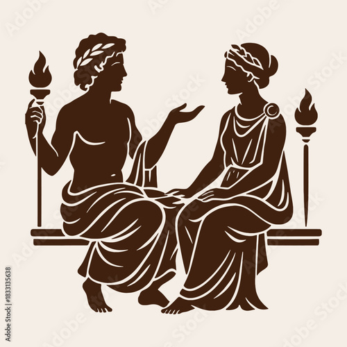 Classical Greek-style vector silhouette depicting two seated figures in elegant robes holding torches, perfect for historical themes, museum graphics, and cultural decorative designs.