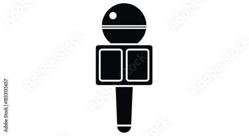 Simple black and white illustration of a vintage style microphone icon
